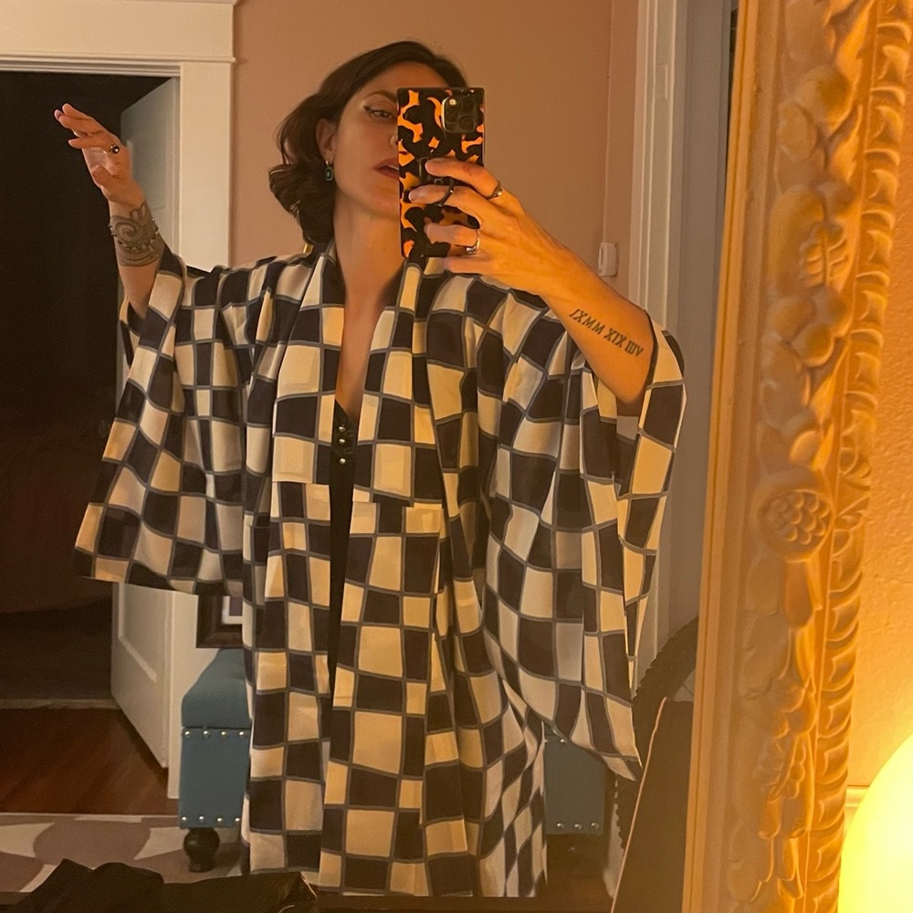 Antique sheer Sha Silk kimono psychedelic checkerboard transparent chess usomono - Picture 10 of 12